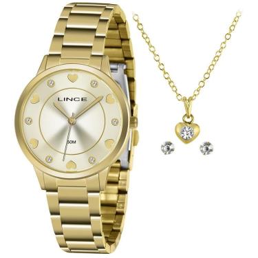 Imagem de Relógio Lince Feminino Dourado + Brincos e Colar