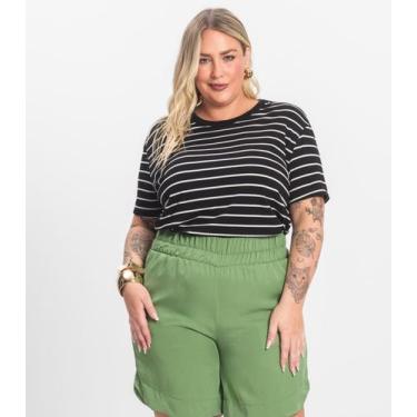 Imagem de Blusa Listrada Feminina Plus Size Gola Redonda Secret Glam Preto, Plus