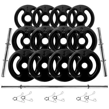 Imagem de Kit 24Kg Anilhas Emborrachadas Pretas com Barras de 40cm e 1,60m-Unissex