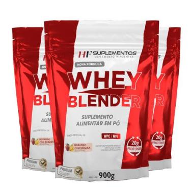 Imagem de 3x whey blender concentrado morango c/ banana 900g hf suplementos