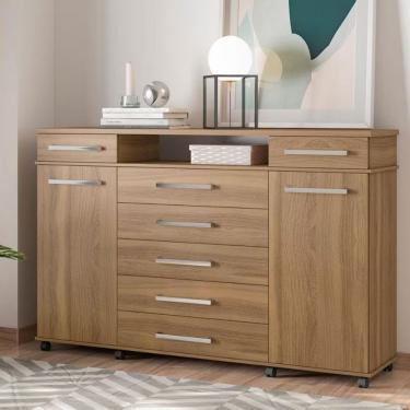 Imagem de Cômoda London 7 Gavetas MDP Puxador Plástico Amadeirado com Portas Prateleiras e Cabideiro