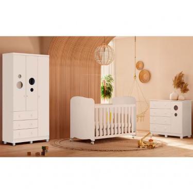 Imagem de Kit Guarda-Roupa Infantil Comoda e Berco Americano Duda 3 Portas 8 Gavetas MDF 132.5cm Branco Moveis Peroba