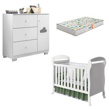 Imagem de Kit Berço Americano Danny com Cômoda Infantil Ane em MDF com Colchão Incluso Branco Brilho