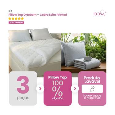 Imagem de Kit Pillow Top Ortobom 200 Fios Percal 100% Algodão Hipoalérgico Mais Cobre Leito 3 Peç...