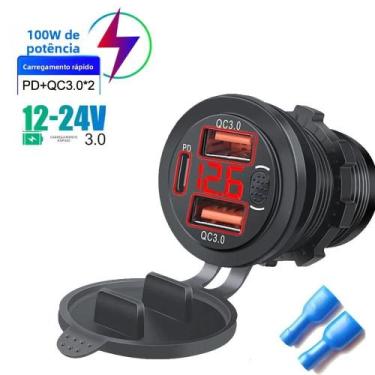 Imagem de Carregador USB Duplo QC3.0 Para Carro 12V 24V Com Voltímetro Digital E