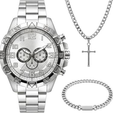 Imagem de Relogio Aço Inox Prata + Cordão Cruz + Pulseira Grumet religioso socia