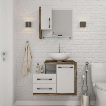 Imagem de Conjunto de Gabinete de Banheiro com Cuba R35 e Espelheira Wood 2 PT 2 GV Branco e Carvalho Dark