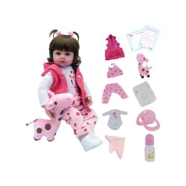 Boneca Reborn Laura Baby Mini Pink Flower com Acessórios - Rosa