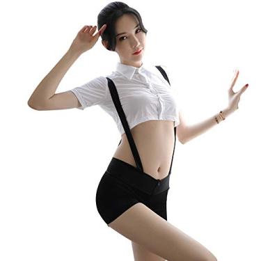 Imagem de SINMIUANIME Roupa de colegial cosplay roupa esportiva estudante uniforme suspensório shorts feminino conjunto lingerie sexy, 7032 branco e preto, One Size