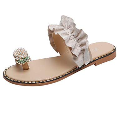Imagem de Sandálias femininas casuais verão, sandálias abertas de renda floral rasteiras sandálias de praia romana, Bege, 8.5