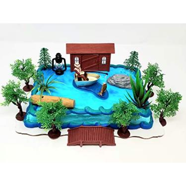 Imagem de Conjunto de topo de bolo de aniversário com tema de pescador, Gone Fishing com pescador de acampamento em barco com acessórios temáticos decorativos