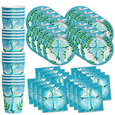 Imagem de Birthday Galore Conjunto de artigos de festa para meninos batismo pratos guardanapos copos talheres kit para 16