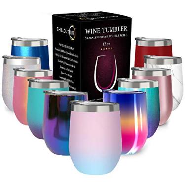 Imagem de CHILLOUT LIFE Copo de vinho de aço inoxidável de 350 ml com tampa - copo de vinho isolado a vácuo de parede dupla que mantém frio e quente para café, champanhe, coquetéis, sorvete - revestido em pó