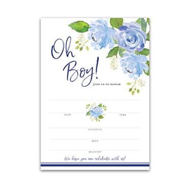 Imagem de OH BOY! — Convites de chá de bebê floral — Pacote com 25 — convites de enchimento para chá de bebê em branco para chá de bebê, flores, chiques, exclusivos, convites para jardinagem, convites para bebês do bebê azul, convites para “faça você mesmo” SKU azul I705-INV1