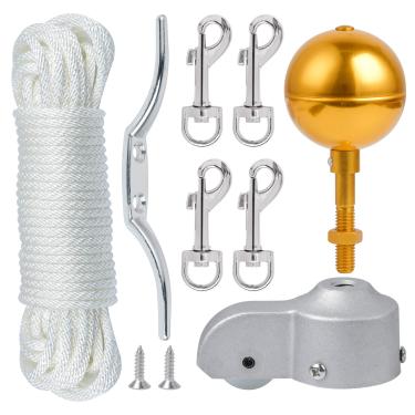 Imagem de Kits de reparo de peças de hardware de mastro de bandeira, corda de 1,5 m + bola de ouro de 7,6 cm + grampo de liga de zinco de 15,2 cm + 4 clipes de gancho de metal + caminhão de alumínio fundido para mastros de bandeira de 5 cm de diâmetro