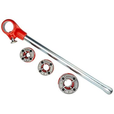 Imagem de RIDGID Conjunto de roscas de catraca expostas 36345 00-R, conjunto de rosqueamento de tubos NPT de 1/2 a 1 polegada e enfiador de tubo de catraca manual, vermelho/preto, pequeno