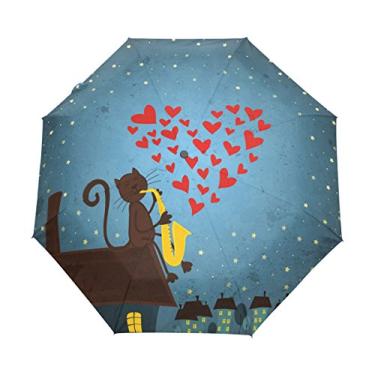 Imagem de ColourLife Guarda-chuva à prova de vento para uso ao ar livre com saxofone de gato Night Sky