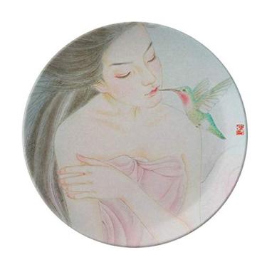 Imagem de Prato de aquarela com pássaro estilo chinês decorativo de porcelana salver louça de jantar