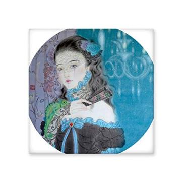 Imagem de Azulejo de cerâmica azul clássico menina estilo chinês brilhante decalque vitrificado pedra adornada