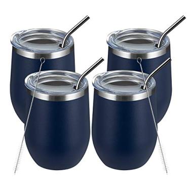 Imagem de MEWAY Copo de vinho de 340 g/pacote com 4 copos com tampa - copo de viagem de aço inoxidável sem haste de parede dupla - Mantém frio e quente para vinho, café, coquetéis, bebidas - família e presentes