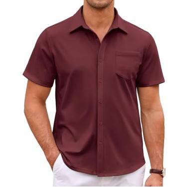 Imagem de COOFANDY Camisa masculina casual de manga curta com botões sem rugas camisa social de verão sem calça com bolso, Vinho tinto, 3G