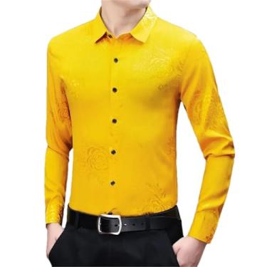 Imagem de Camisa masculina de cetim de seda lisa amarela elegante estampa floral masculina slim fit manga longa camisa casual macia masculina, Amarelo, XXG