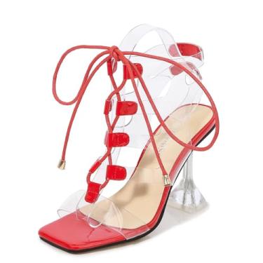 Imagem de NEOFEN Sandálias femininas com tiras no tornozelo, recortes transparentes, salto agulha com tiras, sandálias de salto alto, bico aberto, tira no tornozelo, sandálias de salto alto para, Vermelho, 45