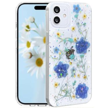 Imagem de CEOKOK Capa transparente para iPhone 12/iPhone 12 Pro com design de flores prensadas de verdade com glitter, azul brilhante, padrão floral seco, fino, macio, TPU, capa protetora para mulheres e