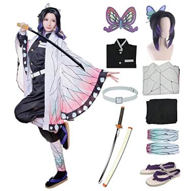 Imagem de Nhorrobat Conjunto completo de fantasia de Halloween Kochou Shinobu para festa cosplay fantasia quimono com sapatos peruca espada, Kochou Shinobu, P