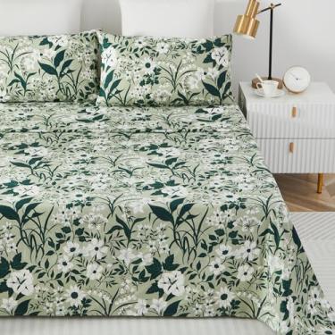 Imagem de Helthep Jogo de lençol solteiro, 100% algodão, verde, floral, estampado, lençol de solteiro com 44,5 cm de profundidade, 4 peças, lençol de flor vintage botânico verde para cama de solteiro