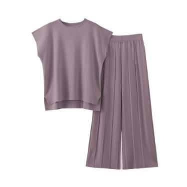 Imagem de Zaxqunty Conjunto de suéter feminino de 2 peças, colete de malha, calça de cintura elástica, Roxa, X-Small