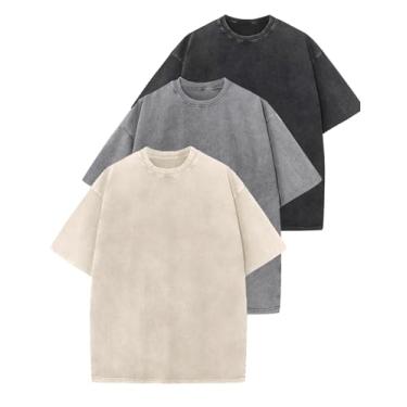 Imagem de Wyeysyt Pacote com 3 camisetas masculinas grandes vintage folgadas de algodão manga curta casual lavagem ácida camisetas unissex, Cinza preto bege, GG