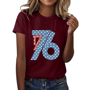 Imagem de Camiseta feminina com bandeira americana 2024 4 de julho Patriotic Shirts 1776 Stars Graphic Crew Neck Tops de verão, Vinho, G