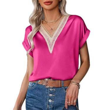 Imagem de Blusa feminina de verão patchwork gola V manga curta pulôver feminina solta para escritório, Vermelho claro, P