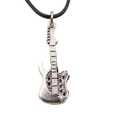 Imagem de EDCRFV Colar pingente de guitarra tibetana prata berloque cordão de couro preto feito à mão