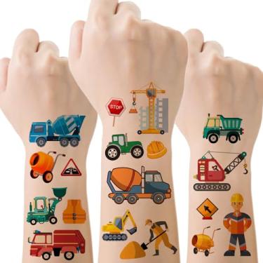 Imagem de 60 peças de tatuagens temporárias de construção para crianças, artigos de festa de aniversário temáticos de construção, decorações para meninos, caminhão basculante, escavadeira, trator, capacete