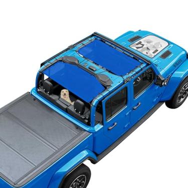Imagem de Coverspec JT Top Sun Shade Roof compatível com Jeep Gladiator JT (2018-atual) 4 portas Jeep para-sol top cobertura de biquíni teto solar - bloqueia UV, vento, ruído - malha azul para frente e traseira