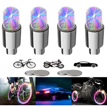 Imagem de YUERWOVER Pacote com 4 luzes LED para roda de bicicleta, tampas de haste de válvula de pneu para carro, motocicleta, à prova d'água, luzes de flash de raio de pneu, acessórios legais para crianças,