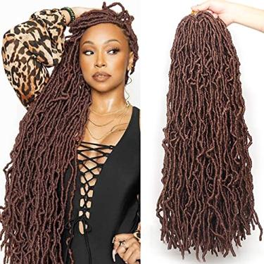 Imagem de Leeven Novas tranças macias de crochê de 61 cm marrom claro envelhecido borboleta falsa Locs 6 pacotes longos Boho Goddess Locs extensões de cabelo sintético pré-enrolado para mulheres negras #30