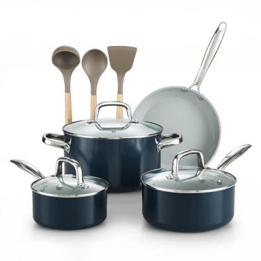 Imagem de Cook N Home Conjunto de panelas e frigideiras antiaderentes, 10 peças, anodizado rígido, antiaderente, conjunto de panelas de cerâmica saudável, conjunto de panelas de indução com alças para ficar