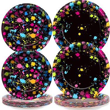 Imagem de gisgfim 48 peças de pratos de festa neon que brilham decorações de festa de aniversário papel neon pratos de sobremesa descartáveis que brilham no escuro suprimentos de festa lembrancinhas de decoração de grafite colorido, incluindo 22,8 cm e 17,8 cm