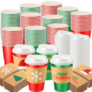 Imagem de Ziliny 100 copos de Natal de 340 g com tampas e mangas de xícara de café vermelho verde descartável de papel de Natal para bebidas chocolate chá cacau decorações de mesa de Natal lembrancinhas de