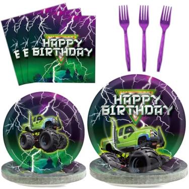 Imagem de CHUNNIN Conjunto de utensílios de mesa com tema de carro de corrida com 96 peças, utensílios de mesa com tema de caminhão monstro verde e roxo para festas de aniversário e chá de bebê para 24