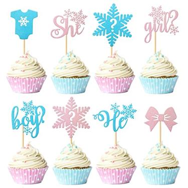 Imagem de 24 Pack Gender Reveal Cupcake Toppers Glitter Boy or Girl Cupcake Picks Snowflake Winter Frozen Baby Shower Birthday Cake Decorations Party Supplies Pink Blue