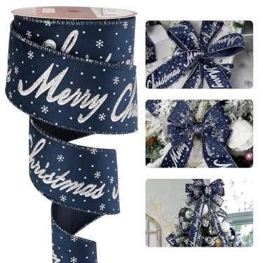 Imagem de HUIHUANG Fita de veludo de Natal com fio azul marinho prata glitter fita de feliz Natal para árvore, fabricação de laços, grinalda, embrulho de presente, decoração de casa, guirlanda, artesanato - 6,35 cm X 10 jardas