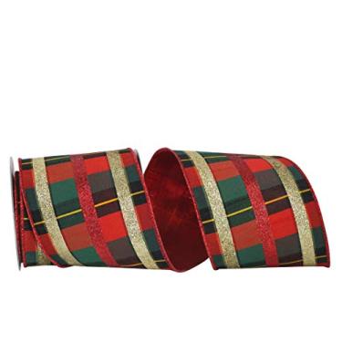 Imagem de Reliant Ribbon Fita Jordan Plaid Dupione Deluxe Glitter Tri-listras com borda com fio, 10 cm x 13 metros, multi