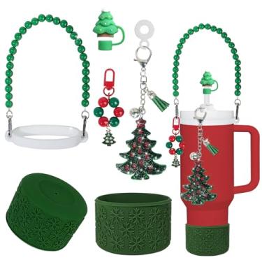 Imagem de VirgoCCY Conjunto de acessórios para copos Stanley de Natal, incluindo 1 capa de canudo de 1 cm, 1 alça de alça de garrafa de água, 2 lindos pingentes de Natal e 1 bota de silicone para Stanley copo