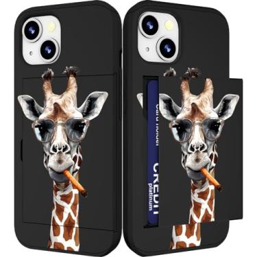 Imagem de IWONE Capa compatível com iPhone 14/15 Plus fofa com porta-cartões à prova de choque com slot fino para telefone 14/15 Plus/Retrato de girafa em óculos fumando animal legal