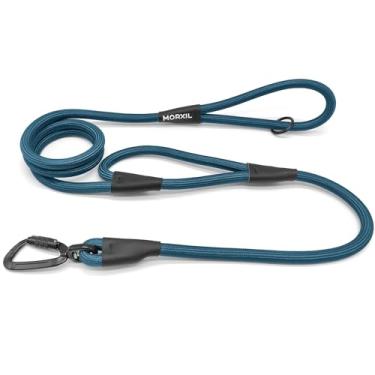 Imagem de MORXIL Coleira de corda para cães com duas alças, coleira resistente de 1,8 m com mosquetão de travamento automático de alumínio de aviação, guia de nylon forte para cães pequenos, médios e grandes