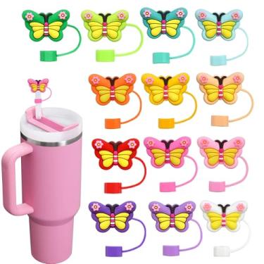 Imagem de Pacote com 13 tampas de palha de borboleta para copos, 10 mm bonito polígono à prova de poeira topo de palha para garrafas de água Stanley copos acessórios presentes para mulheres lembrancinhas de